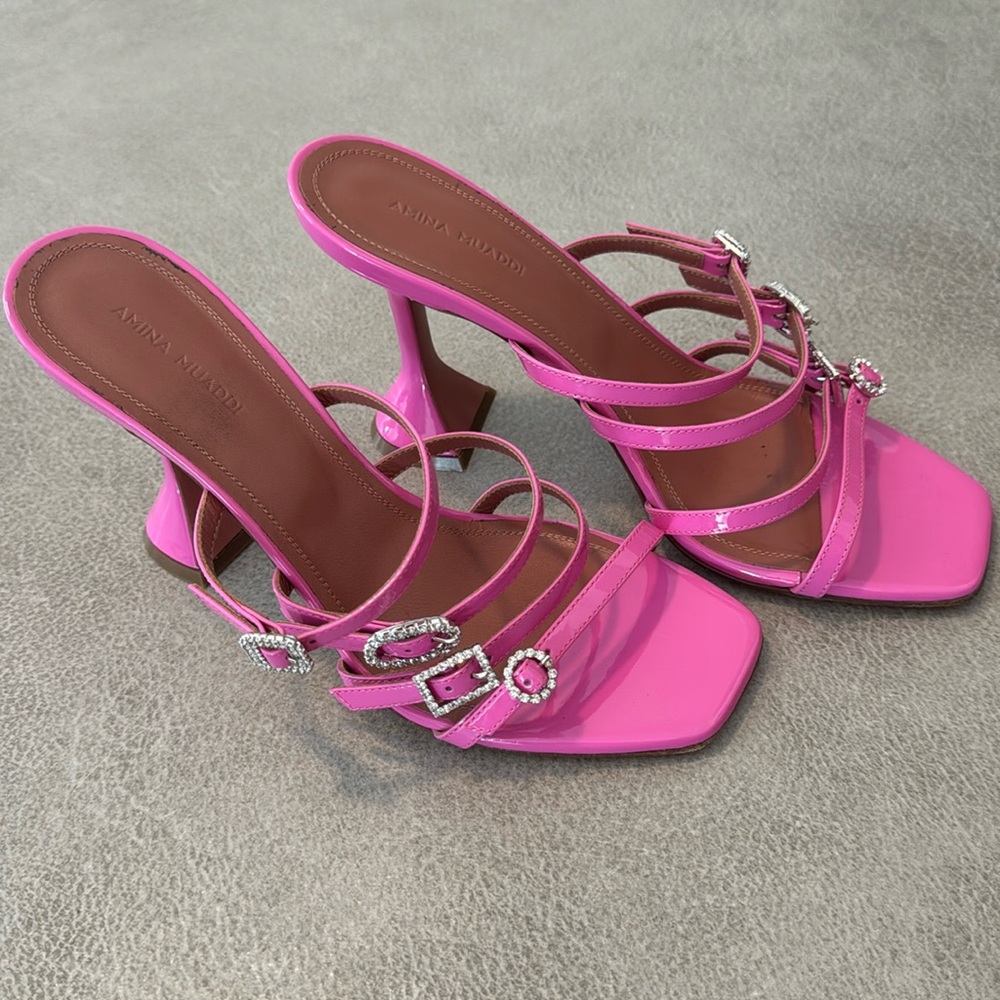 Amina muaddi pink Barbie heels